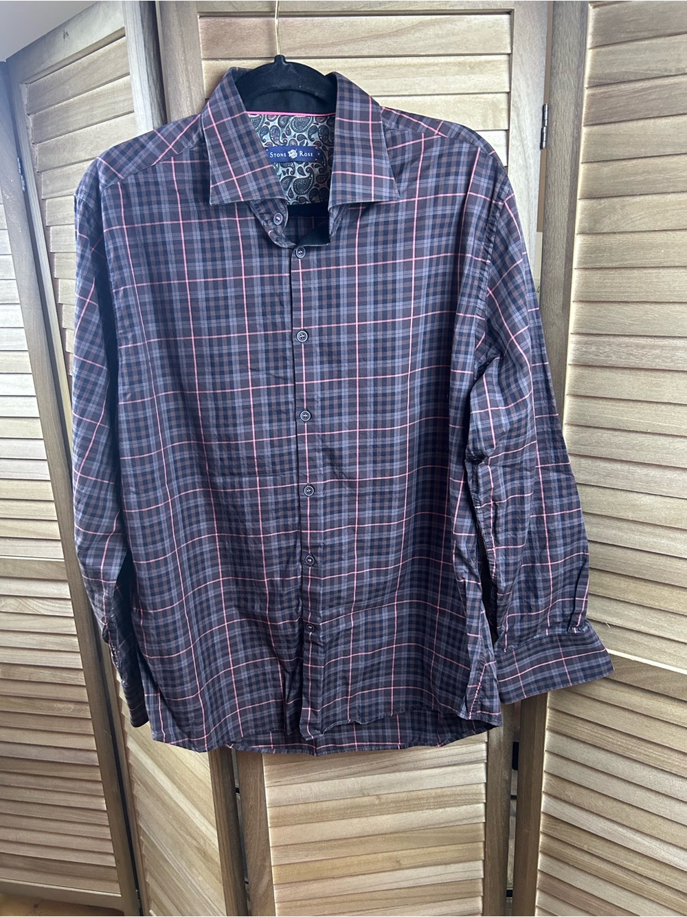 Stone Rose Men’s Small Gray Pink Plaid Cotton Button Down Shirt